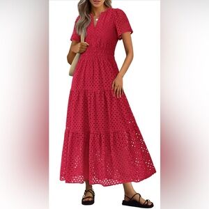 Pretty Garden Eyelet Tiered Maxi Dress with V-Neck - Red